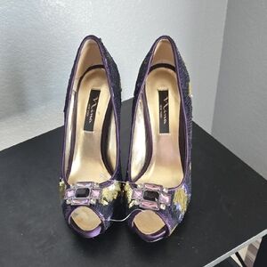 Purple and Gold Women's Peep-Toe Heels